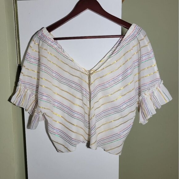 ❤ 3 For $35 Revolve Saylor metallic stripe  ruffle crop short sleeve blouse xs - Picture 4 of 15